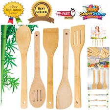 Elegante juego de utensilios de cocina de madera rústica de 5 piezas - Esenciales aptos para lavavajillas