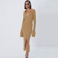 Moda Para Mujer Nuevo Vestido Suéter Manga Larga Cuello en V Botón Largo Manga Acampanada