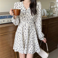 Mujer Moda Retro Francés Cuello en V Bottom Vestido Cintura Flor Rota Vestido