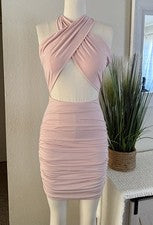 Moda Boutique Para Mujer Rosa Claro Halter Frente Abierto Sexy Mini Vestido de Club/Fiesta
