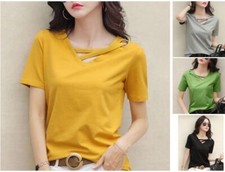 Damas Cuello en V Suelto Informal Verano Camiseta Camiseta De Mujer Camisas Moda Blusa
