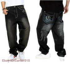Nuevo Punk Floral Para Hombres Negro Jeans Denim Bordado Pantalones Moda Pantalones Hip-Hop