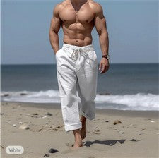 Pantalones de lino para hombre Pantalones de playa de moda con cordón de verano