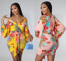 Mini Vestido Para Mujer Tropical Moda Acanalado Frontal Tren Mangas Largas Drapeado Cuello en V