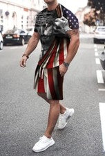 Hombre Manga Corta Cruz Cristiana Bandera Americana Camiseta Pantalone Corto SET