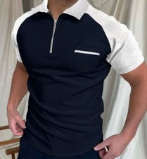 Polo Camiseta Hombre Cremallera Cuello Azul Blanco Contraste Informal Golf Moda