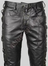 Pantalón de cuero negro real para hombre con cordones laterales estilo jeans hecho a medida motocicleta