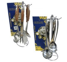 JUEGO DE UTENSILIOS DE COCINA DE ACERO INOXIDABLE DE 6 PIEZAS CON SOPORTE PLATEADO