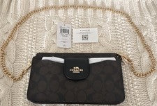 Bolso de hombro Coach marrón negro con logotipo cadena herrajes dorados para mujer