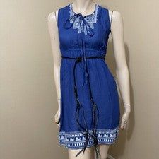 Mujer Azul Algodón Informal Verano Cinturón Atado Bordado Talla M Vestido Solero