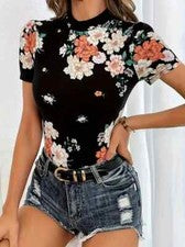 Camiseta de manga corta con estampado floral de moda para mujer, poliéster, TALLA MEDIANA