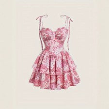 Mujer Moda Floral Tirantes Pastel Vestido Retro Rosa Doble Capa Dobladillo Vestido