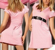 Sexy Miss Mujer Mini Vestido V Escote Estrás Piedra Cinturón Look Rosa XS S Neu