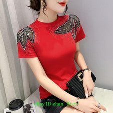 Camiseta ajustada para mujer manga corta cuello redondo moda encaje hueco diamante