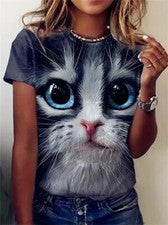 Lindo Gato 3D Ojos Azules Cuello Redondo Camiseta Informal Moda Manga Corta Mujer