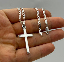 SÓLIDO 925 Plata de Ley Cruz Colgante Pesado Collar 22 Pulgadas Nuevo 20mmx38mm