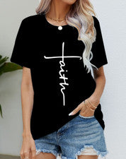 Blusa Camiseta Mujer Negro Blanco Fe Cruz Moda Manga Corta Camiseta Suave Sedosa