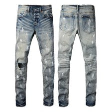 Pantalones de mezclilla rasgados de moda de personalidad de marca azul pálido para hombre talla 28-40