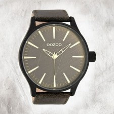 Oozoo Quarz Reloj Hombre Negro Correa Cuero Marrón 50mm UOC7863