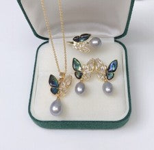 Precioso conjunto de anillos pendientes colgantes de perlas gris mar del sur AAAA 7-8 mm 925s...