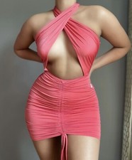 Sexy Mini Vestido TRESSER Para Mujer Moda Boutique Coral Acanalado Halter Club/Fiesta