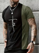 Camisetas Hombres Negro Gris Fe Cruz Bloque de Color Manga Corta Moda Absorbente Suave