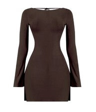 Mini Vestido Moda Boutique Para Mujer Marrón Manga Larga Talla Mediana Nuevo con Etiquetas