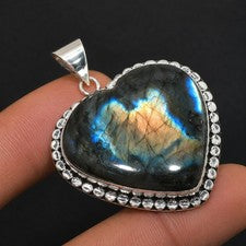 Colgante de piedras preciosas corazón plata esterlina 925 labradorita fuego azul 2,1" FP 3662