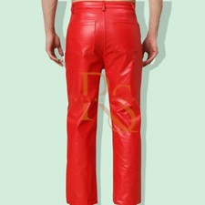 Pantalón de vestir de cuero rojo causal para hombre estilo clásico cuero de cordero genuino
