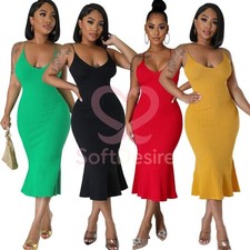 Vestido para mujer de verano liso cuello bajo informal moda ajustado vestido caído