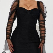 Nuevo con etiquetas Mini Vestido Para Mujer Negro Acanalado con Mangas Abullonadas Transparentes, Talla L Pequeño Negro