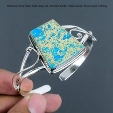 Brazalete Boho de plata de ley 925 con bisel de piedras preciosas de jaspe con sedimentos de mar azul