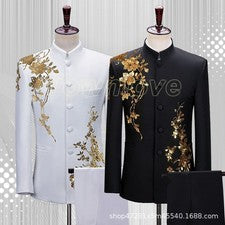 Traje de hombre con cuello alto chaqueta negra estilo chino abrigo de un solo pecho pantalones