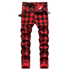 Pantalones de mezclilla para hombre elásticos adelgazantes a cuadros estilo británico