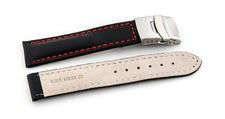 Uhrenarmband Faltschließe Leder glatt schwarz rote Naht 18 20 22 24 26mm NEU