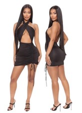 Moda Nova NUEVO Para Mujer Talla S Negro Jersey Sexy Mini Halter Acanalado Bodycon Vestido