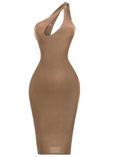 Mujeres Moda Sexy Ropa de Club Fiesta Un Hombro Doble Capa Vestido MIDI MOCHA