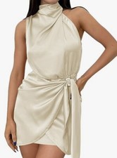 ZESICA Mujer 2023 Moda Satén Sin Mangas Halter Cuello Corbata Cintura Envoltura Bodycon