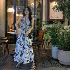 Vestido informal suelto floral elegante halter con estampado de tinta y cuello en V para mujer