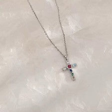 Collar Colgante Cruz Cristal Color Plata de Ley 925 Mujeres Niñas Joyería