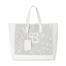 Bolso de Mano Ralph Lauren Etiqueta Púrpura Cuero Blanco Perforado RL Nuevo $1100