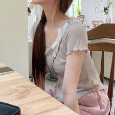 Camiseta Top Mujer Cuello Redondo Color Sólido Moda Versátil Manga Corta