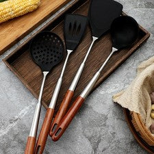Juego de espátula y paleta ranurada de silicona con mango de madera de núcleo de acero inoxidable 304