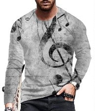 Camisetas Hombres Nota musical Música Clave Sol Casual Manga Larga Gris Sedoso