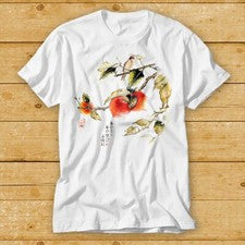 Camiseta Gorrión Melocotón Asiático Oriental Arte Zen Japonés Botánico Pájaro Animal 1943