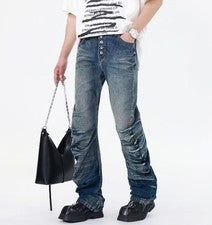 Pantalones de mezclilla para hombre azul oscuro plisados punk informales de pierna recta hippie