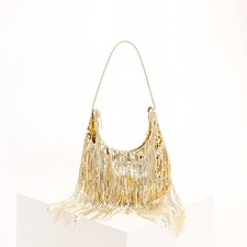 Bolso de Hombro Media Luna con Flecos de Lentejuelas Doradas, Bolso Hobo con Borla para Mujer Bolso de Noche