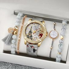5tlg Damen Uhr Schmuck Set gold grau Armband Strass Paris Eiffelturm