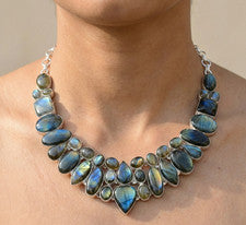 Collar Joyería Plata Esterlina 925 Hecho a Mano Labradorita Fuego Azul S-18"