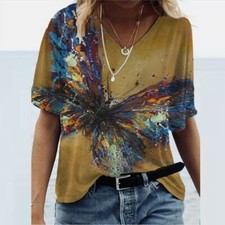 Blusa Mujer Camiseta Mariposa Patrón Moda Suelta Manga Corta Cuello En V Top Tee